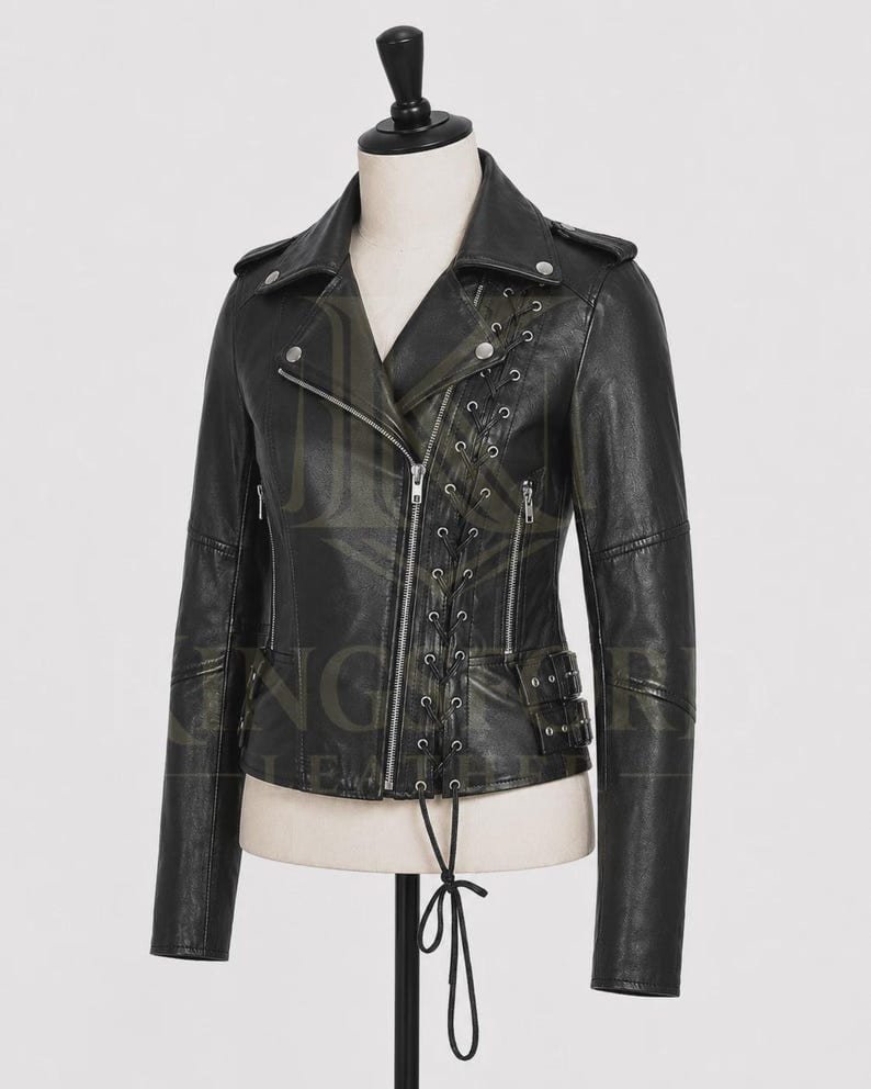 Black leather biker, lace-up corset panel thumbnail 5