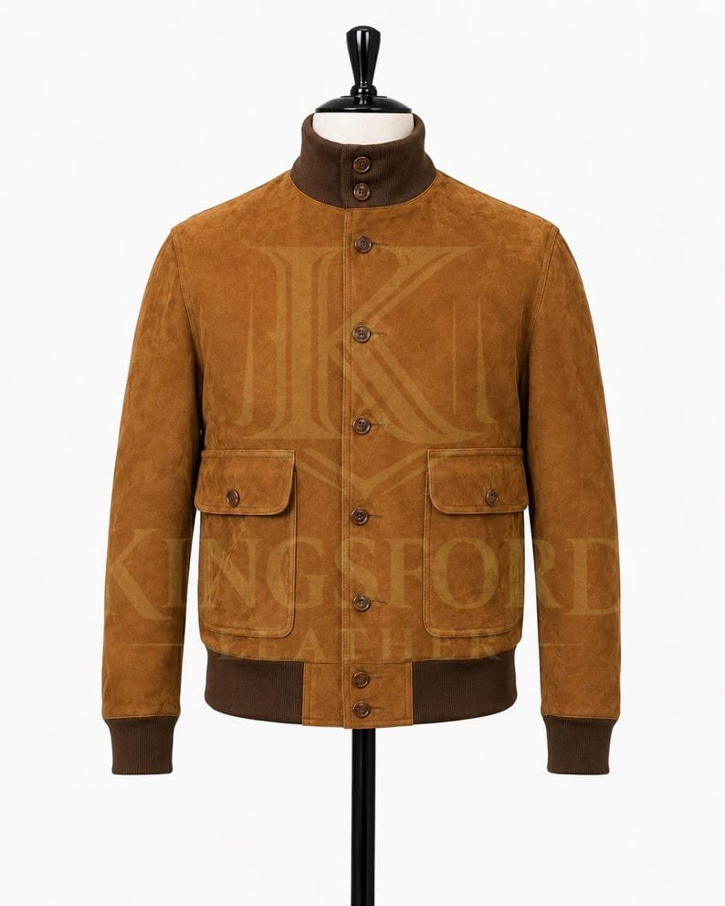 Brown suede A1 bomber, button front