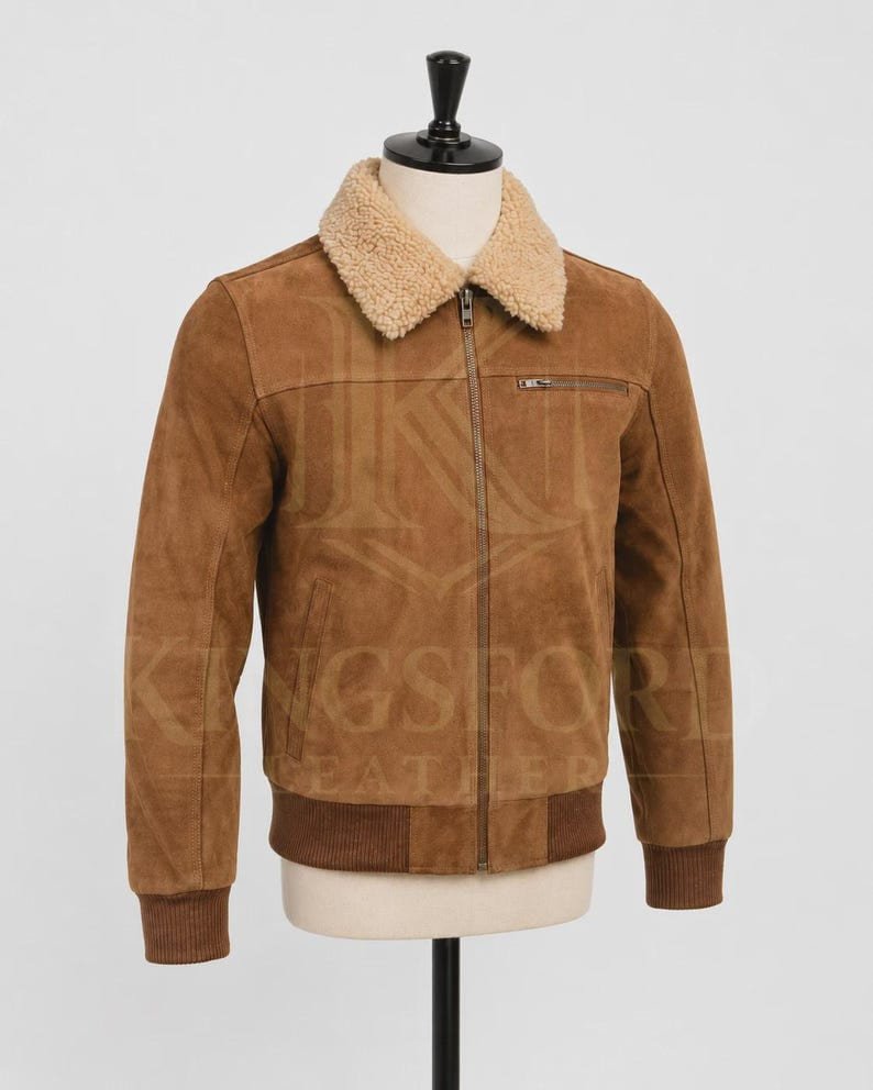 Tan suede bomber jacket, shearling collar thumbnail 4