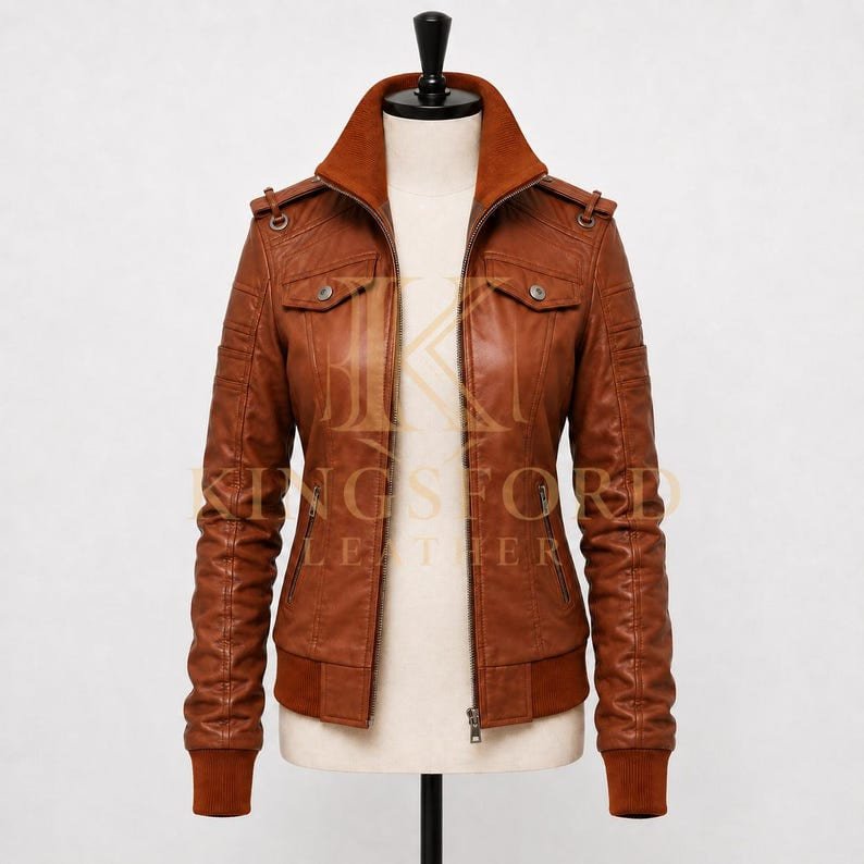 Cognac leather bomber, aviator cut thumbnail 4