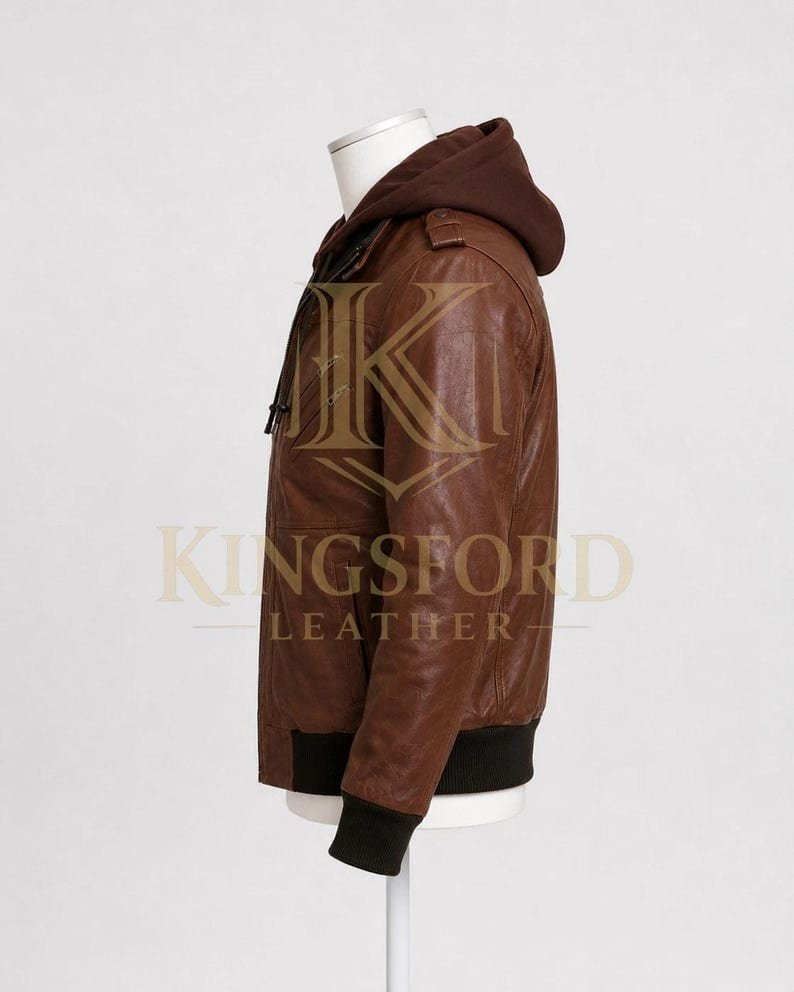 Brown leather bomber, removable hood thumbnail 3