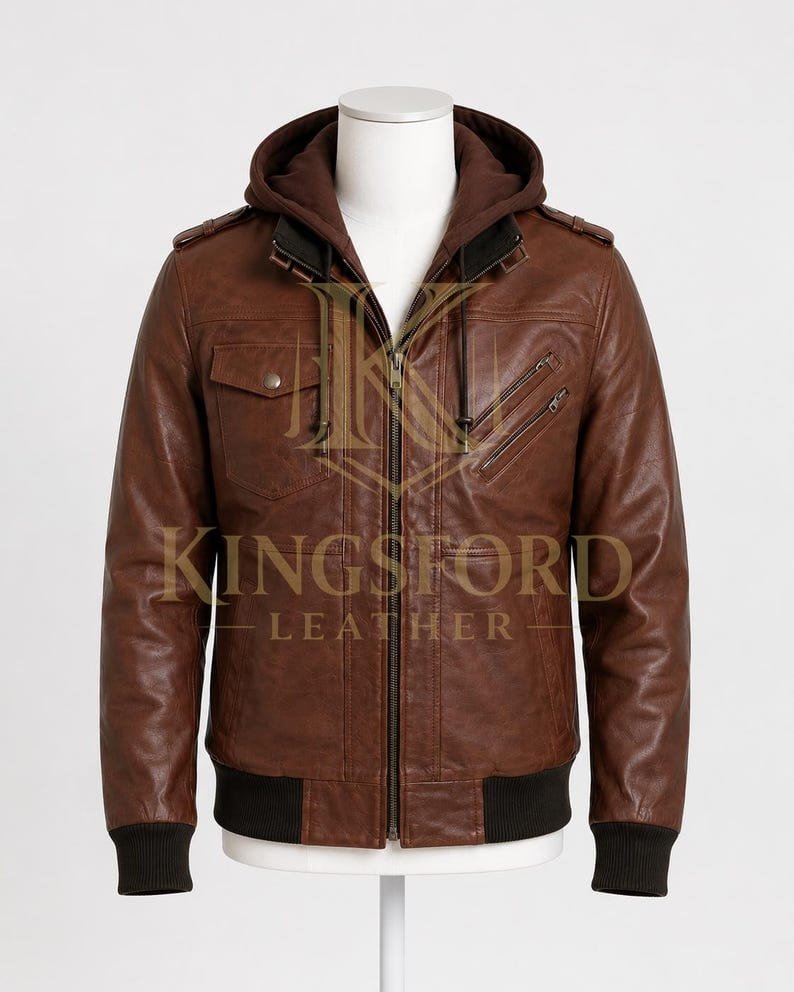 Brown leather bomber, removable hood