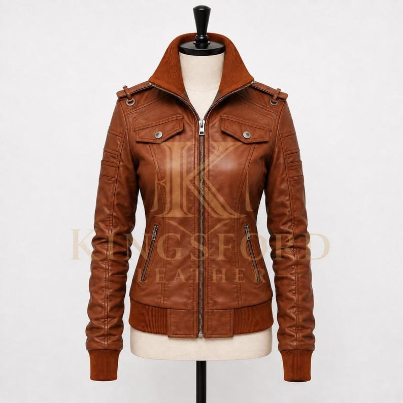 Cognac leather bomber, aviator cut