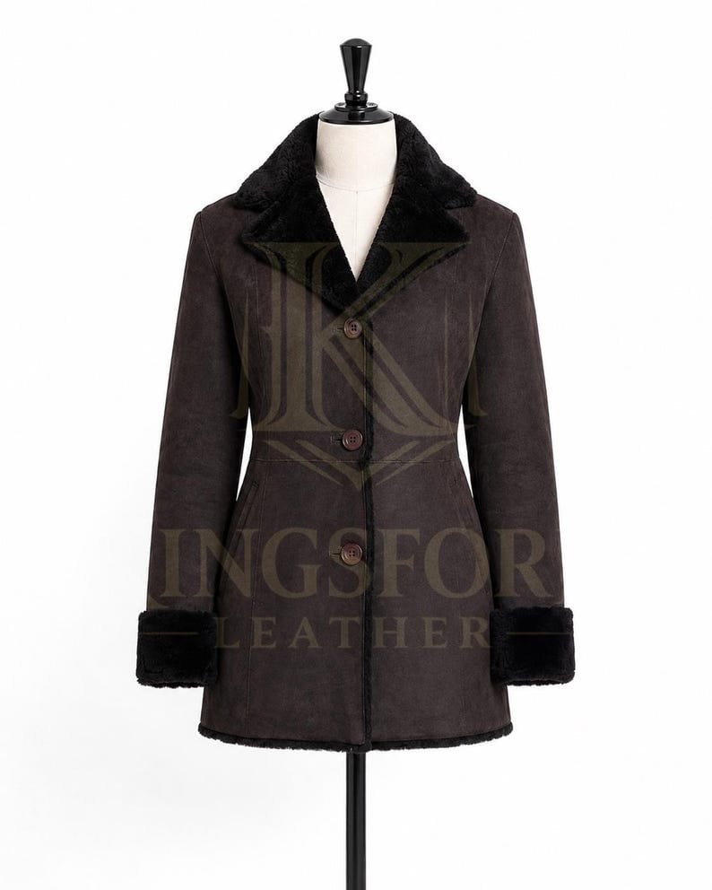 Brown suede coat, black faux fur