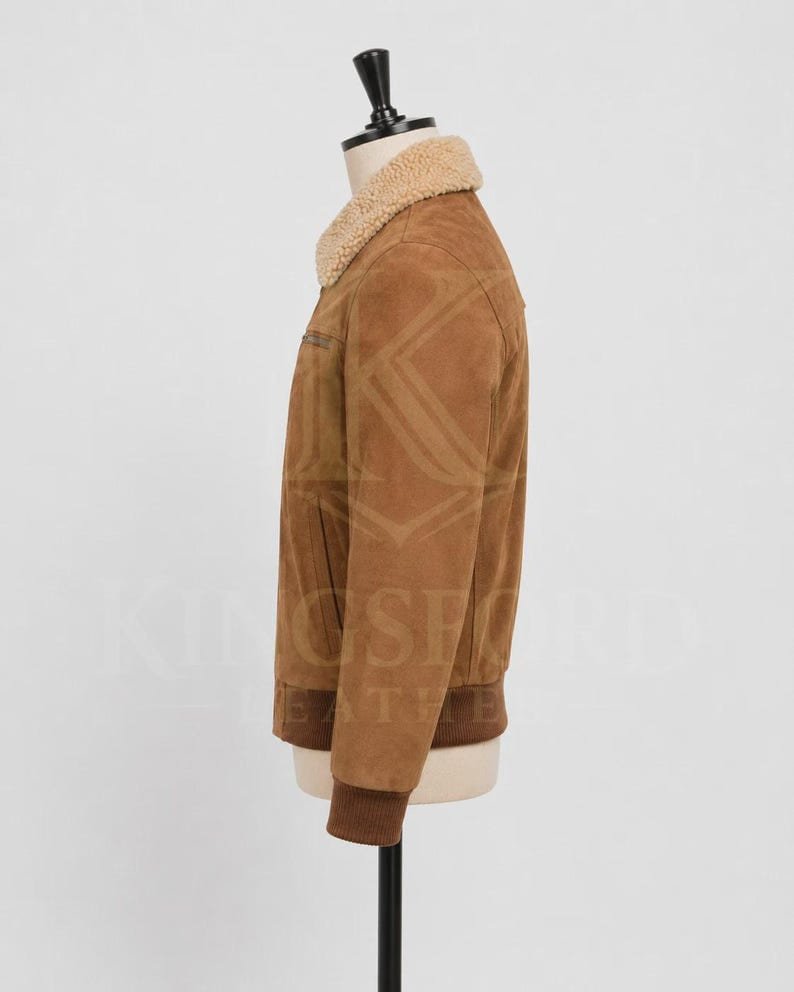 Tan suede bomber jacket, shearling collar thumbnail 3