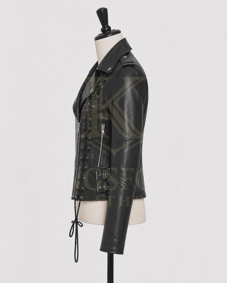 Black leather biker, lace-up corset panel thumbnail 3