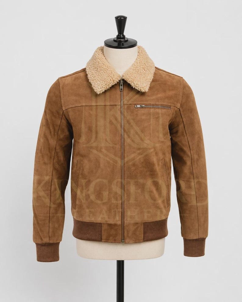 Tan suede bomber jacket, shearling collar