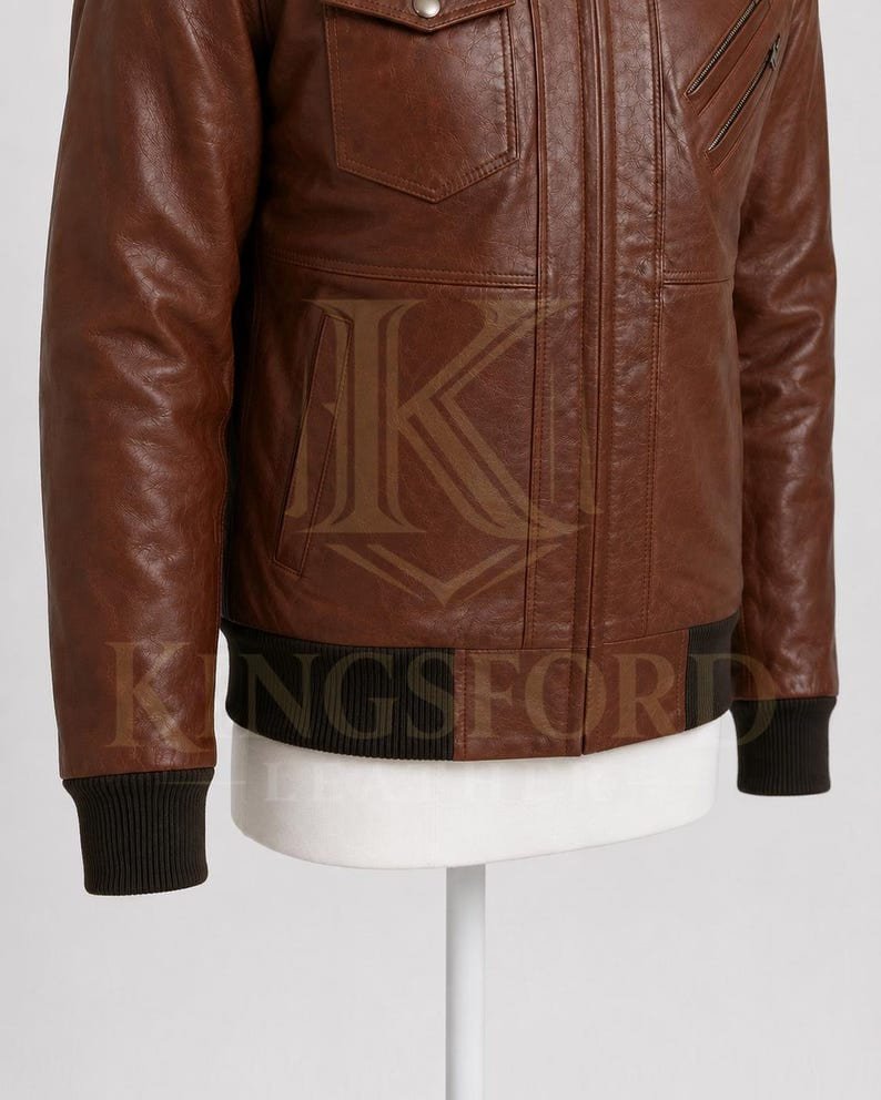 Brown leather bomber, removable hood thumbnail 5