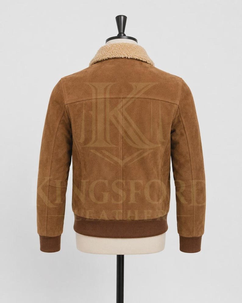 Tan suede bomber jacket, shearling collar alternate angle