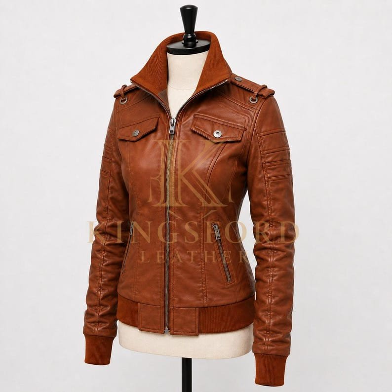 Cognac leather bomber, aviator cut thumbnail 5