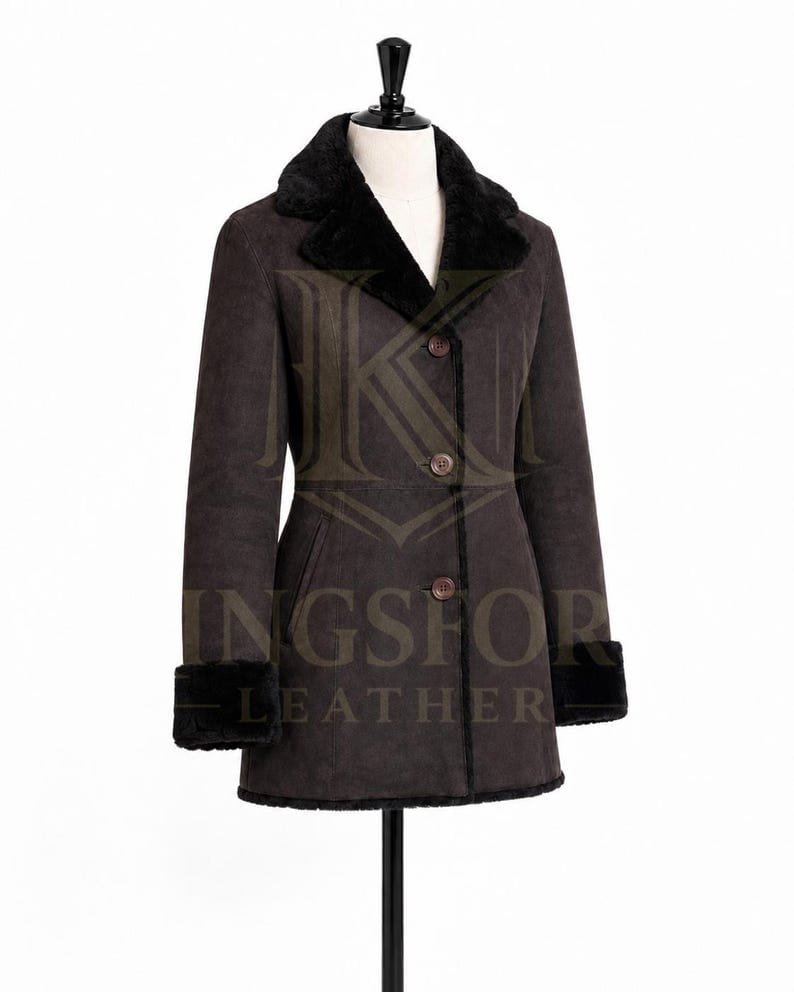 Brown suede coat, black faux fur thumbnail 5