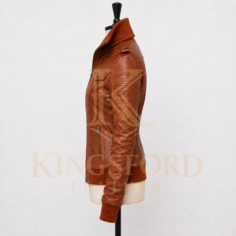 Cognac leather bomber, aviator cut thumbnail 3