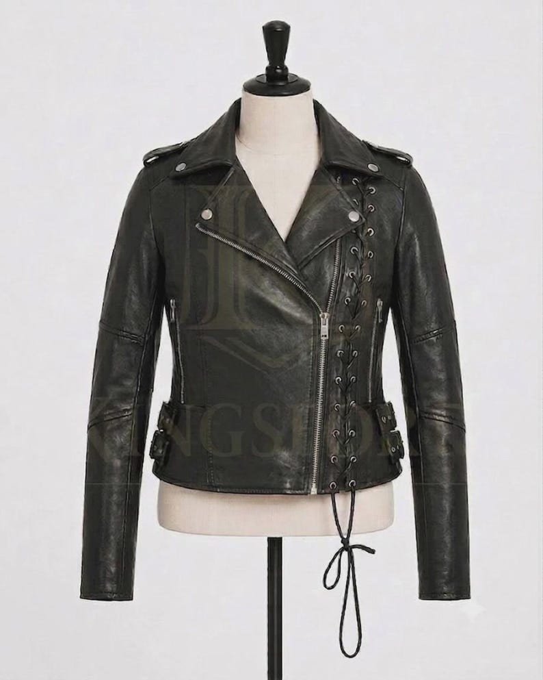 Black leather biker, lace-up corset panel