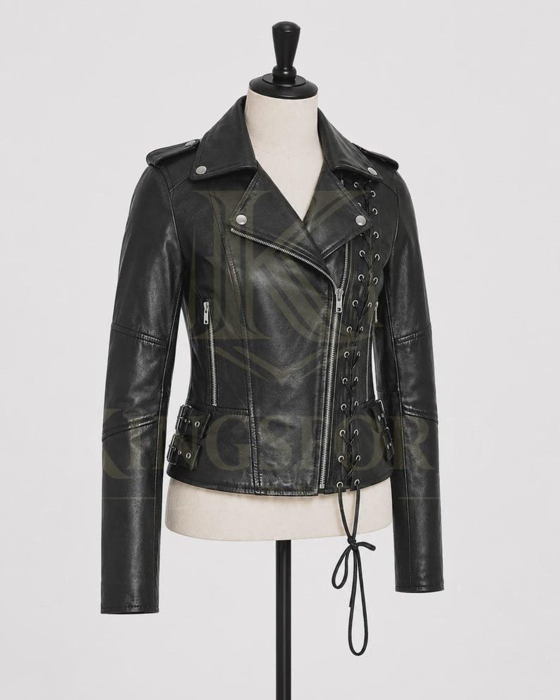 Black leather biker, lace-up corset panel thumbnail 4